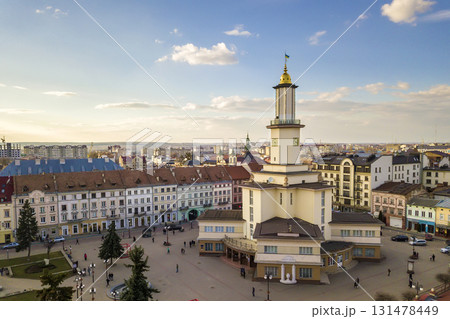 The historic center of Ivano-Frankivsk city, Ukraine, with city hall building in art deco style. The historic center of Ivano-Frankivsk city, Ukraine, with city hall building in art deco style. 131478449
