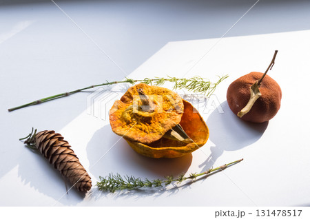 Dried pumpkin - container with a lid and a dried mandarin with a leaf, horsetail, and a spruce cone on a white background. Still life. Dried pumpkin - container with a lid and a dried mandarin with a leaf, horsetail, and a spruce cone on a white background. Still life. 131478517