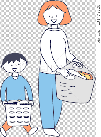 Parent and child carrying laundry 131478529