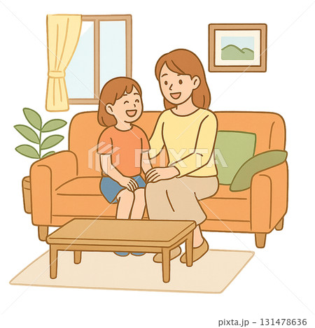 リビングで会話を楽しむ親子 131478636