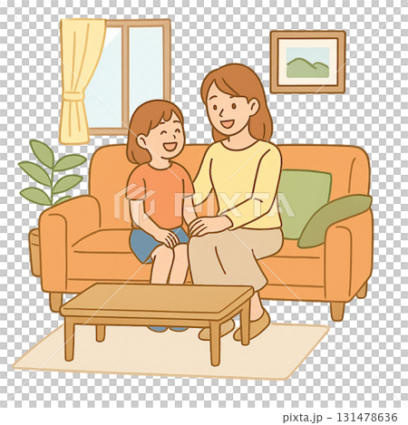 リビングで会話を楽しむ親子 131478636