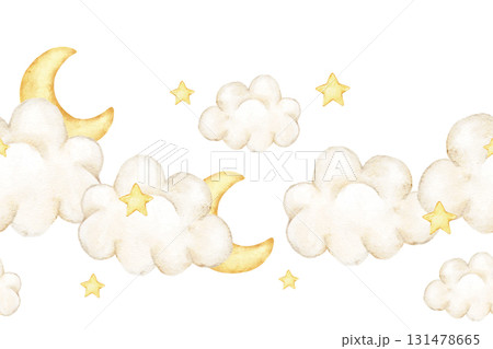 Seamless watercolor border with fluffy clouds, golden moons and shining stars on white background. Perfect dreamy element for nursery prints, baby shower cards, fabric or wall art. Seamless watercolor border with fluffy clouds, golden moons and shining stars on white background. Perfect dreamy element for nursery prints, baby shower cards, fabric or wall art. 131478665
