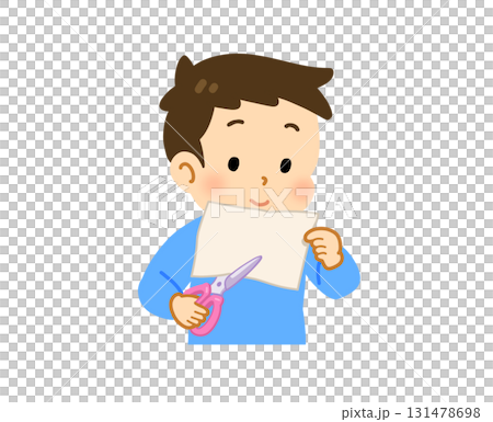 Illustration of a child cutting paper with scissors Illustration of a child cutting paper with scissors 131478698