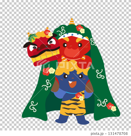 新年賀卡材料，以紅藍惡魔舞獅為特色 131478708