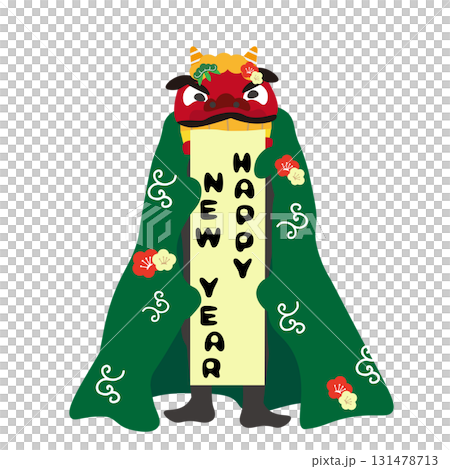 HAPPY NEW YEARの文字を書いた半紙をくわえる獅子舞のイラスト HAPPY NEW YEARの文字を書いた半紙をくわえる獅子舞のイラスト 131478713
