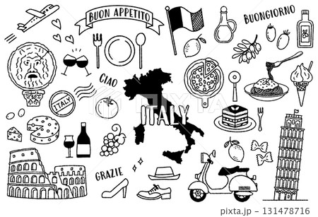 シンプルでかわいいイタリアにまつわるイラストセット(モノクロ) シンプルでかわいいイタリアにまつわるイラストセット(モノクロ) 131478716