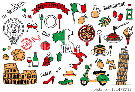 シンプルでかわいいイタリアにまつわるイラストセット（イタリア　トリコローレ） 131478718