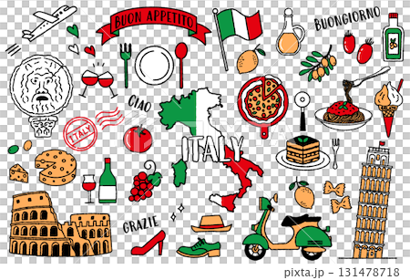 シンプルでかわいいイタリアにまつわるイラストセット（イタリア　トリコローレ） 131478718