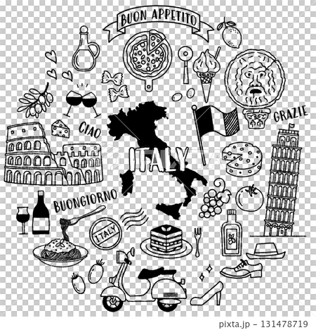 與義大利相關的簡單可愛的插圖集（單色） 131478719