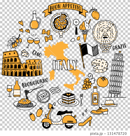Simple and cute illustration set related to Italy (black and yellow) 131478720