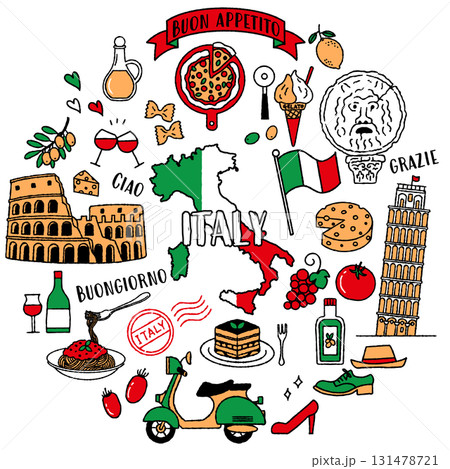 シンプルでかわいいイタリアにまつわるイラストセット（イタリア　トリコローレ） 131478721