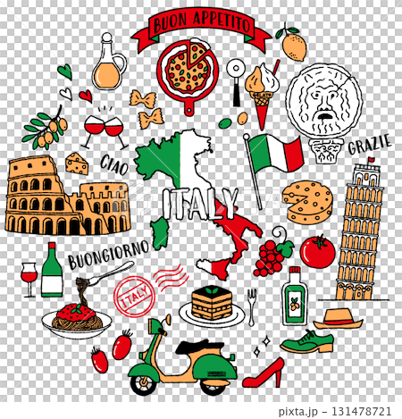 シンプルでかわいいイタリアにまつわるイラストセット（イタリア　トリコローレ） 131478721