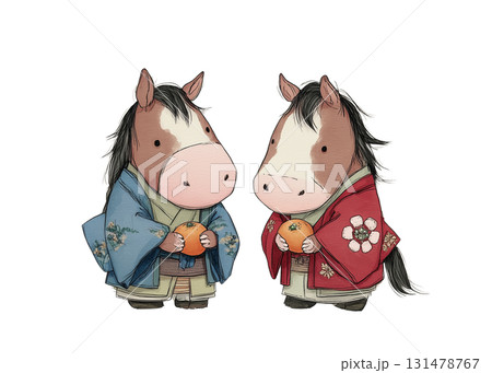 年賀状素材　着物着ている馬カップル　手描き風イラスト 131478767