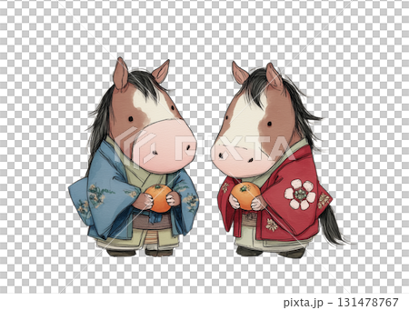 New Year's card material: A horse couple wearing kimonos. Hand-drawn illustration. New Year's card material: A horse couple wearing kimonos. Hand-drawn illustration. 131478767