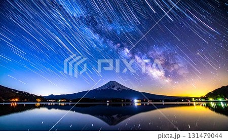 流れ星や流星群が流れる満天の星空と富士山  天の川  星の軌跡のCGイラスト 131479044