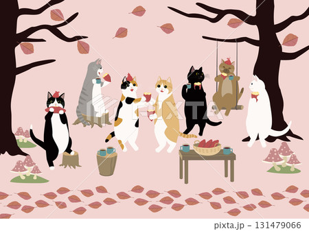 焼き芋を食べる7匹の猫 131479066