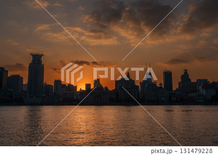 Cityscape view of Shanghai city at sunset. Skyscraper of the Bund, view from Lujiazui in Pudong of Shanghai, China. landmark and popular for tourism attractions. Travel and Vacation concept 131479228