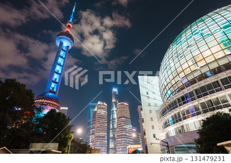 Cityscape view of Shanghai city at night. Skyscraper of Lujiazui in Pudong, China. landmark and popular for tourism attractions. Travel and Vacation concept 131479231