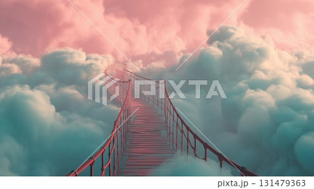 雲海に続く空中の橋の3Dファンタジー風景 131479363