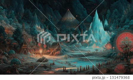 氷の山脈と村の灯りが並ぶ夜景ファンタジー 131479368