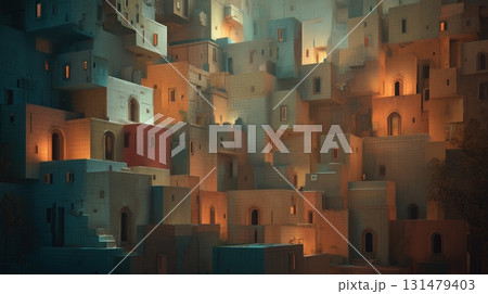 灯りがともる積層住宅の街並み3Dコンセプト 灯りがともる積層住宅の街並み3Dコンセプト 131479403