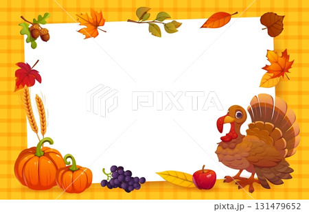 Happy Thanksgiving Day banner with frame of turkey and autumn leaves, vector poster. Thanksgiving Day greeting card template with pumpkin, corn and apple or grapes harvest in maple and oak leaf frame Happy Thanksgiving Day banner with frame of turkey and autumn leaves, vector poster. Thanksgiving Day greeting card template with pumpkin, corn and apple or grapes harvest in maple and oak leaf frame 131479652
