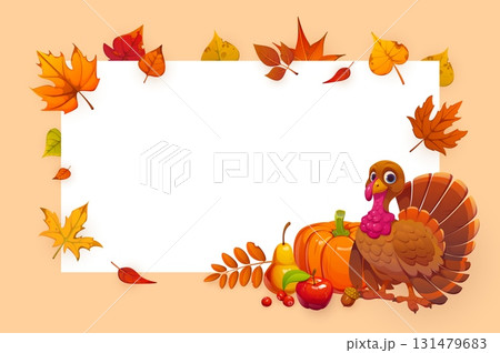Thanksgiving day greeting card frame. Thanks Giving vector border with cartoon turkey, pumpkin, ripe fruits, berries and fallen autumn leaves. Template for postcard, banner, fall season holiday event Thanksgiving day greeting card frame. Thanks Giving vector border with cartoon turkey, pumpkin, ripe fruits, berries and fallen autumn leaves. Template for postcard, banner, fall season holiday event 131479683