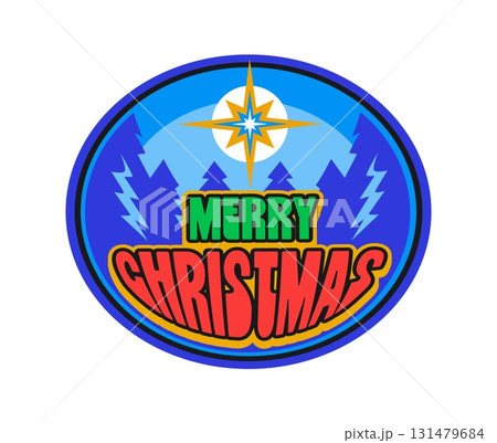 Merry Christmas holiday season Y2K funky sticker or label. Christmas retro Y2K patch, New Year festive vector label. Winter holiday sticker with pine tree forest, star of Bethlehem and typography 131479684