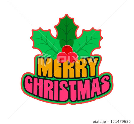 Christmas holly leaf Y2K groovy sticker or patch. New Year celebration groovy Y2K label, Xmas festive vector patch. Christmas sticker with holly leaf and red berry decoration, colorful typography 131479686