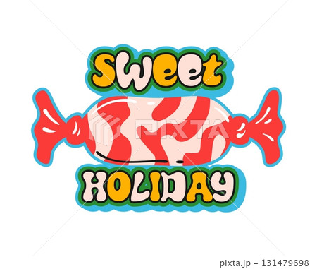Christmas sweet holiday Y2K funky sticker or label. Happy New Year 60s Y2K sticker, winter holiday vector label. Merry Christmas celebration patch with candy dessert and colorful funky typography 131479698