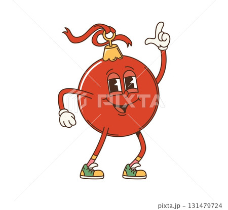 Retro groovy Christmas shiny red bauble character with expressive eyes, arms and legs in sneakers, striking a groovy dance pose with one hand pointing up and a cheerful smile. Cartoon vector Xmas ball 131479724