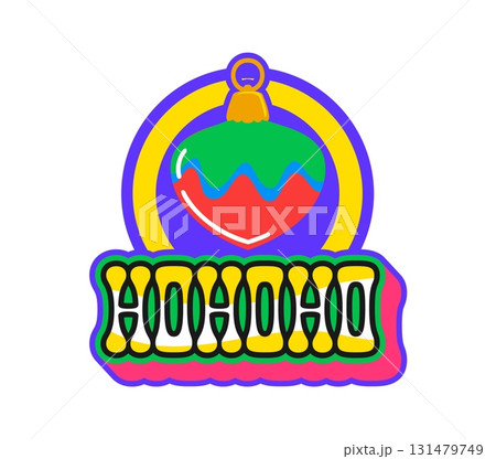 Christmas Santa laugh Y2K funky sticker or label. New Year retro tag, Christmas 60s Y2K vector patch. Xmas celebration label or vintage sticker with pine tree bauble ball decoration and typography 131479749