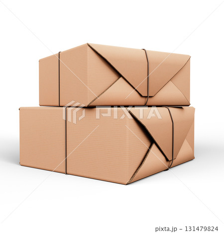 Cardboard gift boxes are displayed with minimalist kraft-style packaging, secured with black binders. The clean design evokes simplicity. 3D Illustration. File with Clipping Path. Cardboard gift boxes are displayed with minimalist kraft-style packaging, secured with black binders. The clean design evokes simplicity. 3D Illustration. File with Clipping Path. 131479824