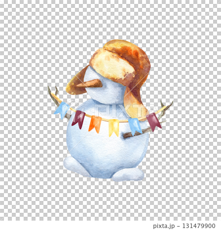 Snowman in hat with earflaps holds flag garland. Winter snow man character with carrot and sticks. Hand drawn clip art isolated from background. New Year, Christmas greeting card, holiday decoration Snowman in hat with earflaps holds flag garland. Winter snow man character with carrot and sticks. Hand drawn clip art isolated from background. New Year, Christmas greeting card, holiday decoration 131479900