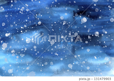 Abstract watercolor winter template. Dark blue night sky with snowfall, snowflake. White splashes art. Snowy background. New Year, Christmas packaging design, decoration, greeting card, banner, frame 131479903