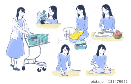 家事をする女性：買い物・料理・掃除・アイロンがけ・水やり・洗濯 131479931