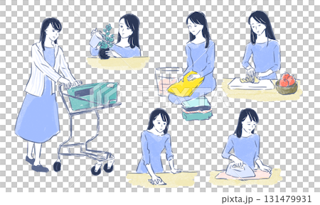 家事をする女性：買い物・料理・掃除・アイロンがけ・水やり・洗濯 131479931
