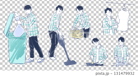 男人做家事：倒垃圾、打包、打掃、洗衣服、煮飯、整理 131479932