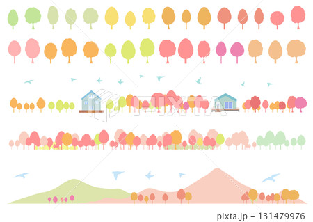 紅葉と街並みのシルエットのイラストセット　背景イラスト 131479976