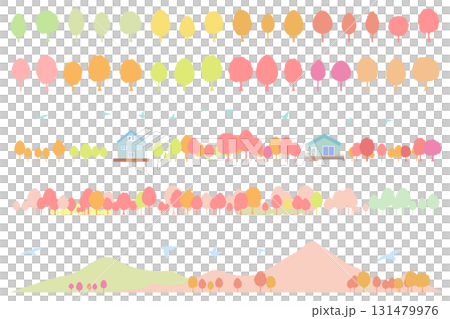 紅葉と街並みのシルエットのイラストセット　背景イラスト 131479976