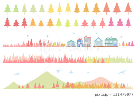 紅葉と街並みのシルエットのイラストセット　背景イラスト 131479977