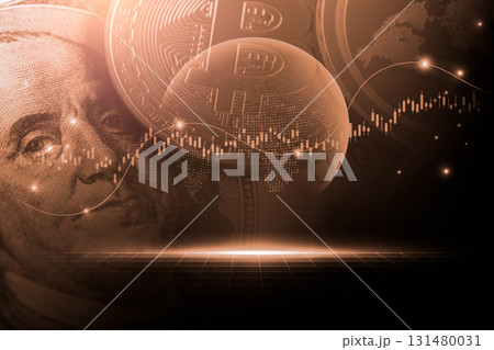 Modern way of exchange. Bitcoin is convenient payment in global economy market. Virtual digital currency and financial investment trade concept. Abstract cryptocurrency with gold bitcoin background. Modern way of exchange. Bitcoin is convenient payment in global economy market. Virtual digital currency and financial investment trade concept. Abstract cryptocurrency with gold bitcoin background. 131480031