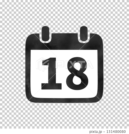 Hand-drawn black silhouette calendar icon "18" with watercolor texture 131480080
