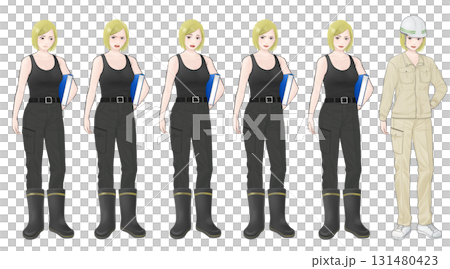 Facial expression set of a blonde woman wearing work clothes 131480423