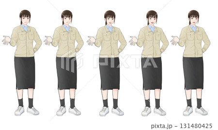 作業服上着とスカートを着用した日本人女性の表情セットイラスト 131480425