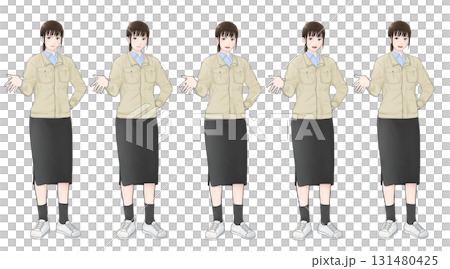 Facial expression set illustration of a Japanese woman wearing a work jacket and skirt 131480425
