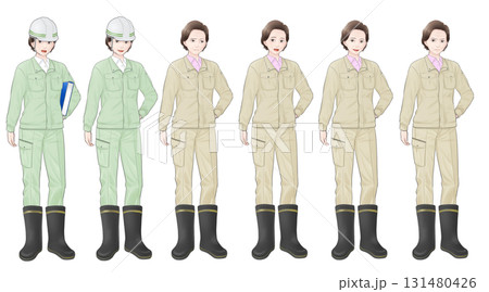 作業服とゴム長靴を着用した年配女性の表情セットイラスト 131480426