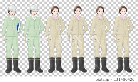 一位穿著工作服和橡膠靴的老年婦女的一組面部表情 131480426