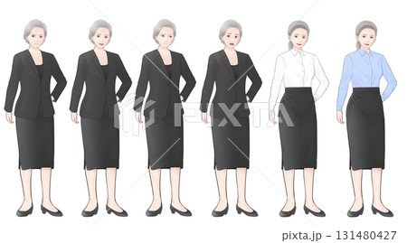 黒い服を着た白髪年配女性の表情セットイラスト 131480427