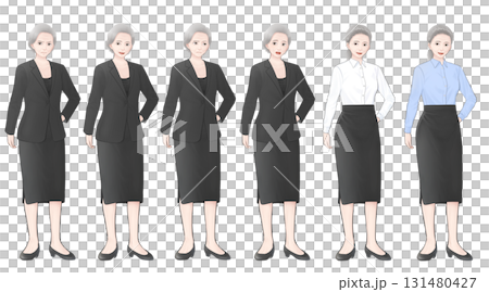 黒い服を着た白髪年配女性の表情セットイラスト 131480427
